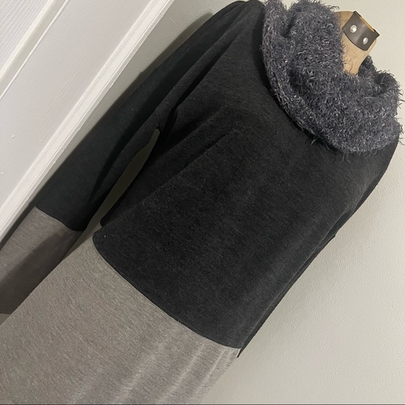 Blue Gray Charcoal Color Block Fuzzy Knit Cowl Neck Hip Length Top - Picture 2 of 12